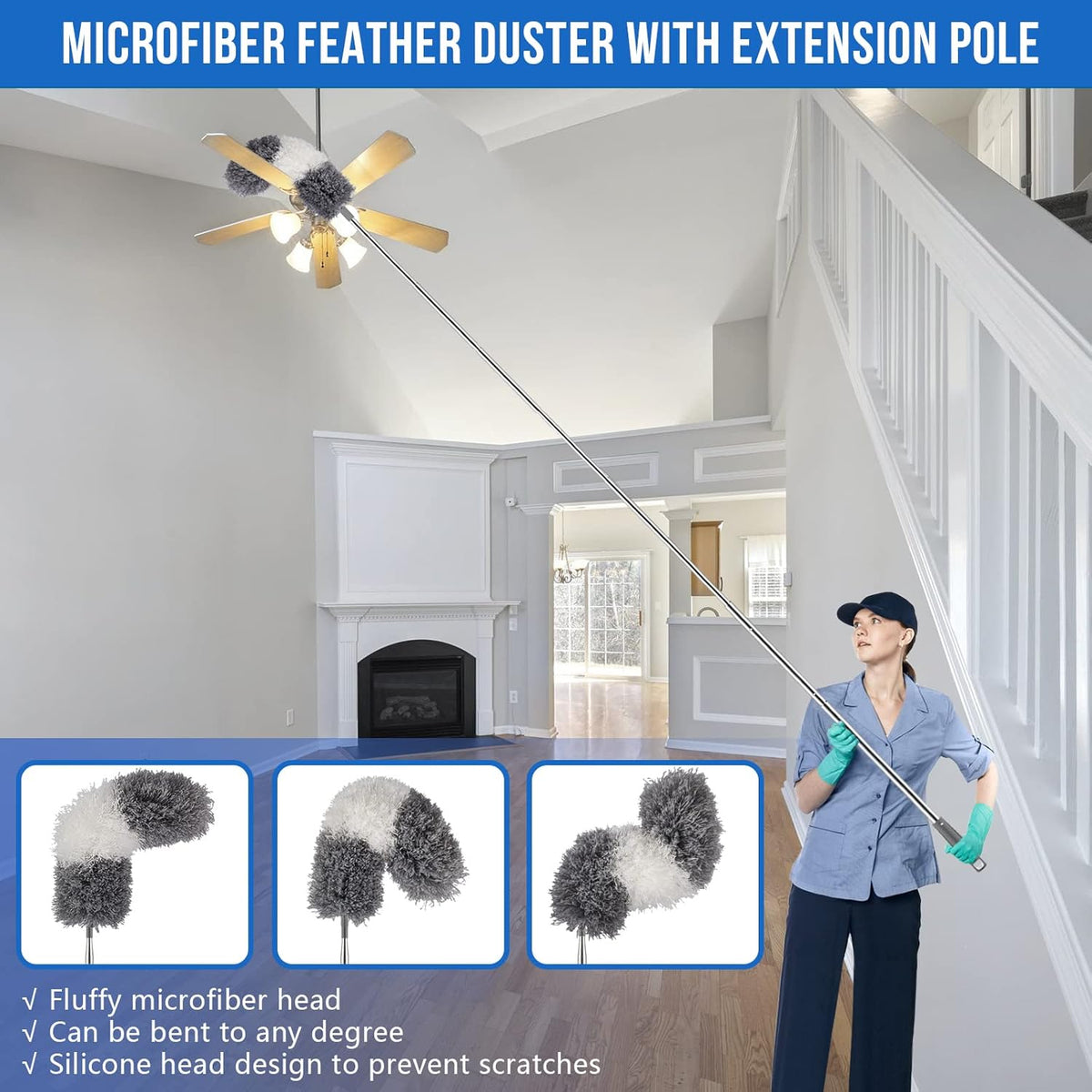 Microfiber Feather Duster Kit with Extension Pole (30–100") – Bendable Washable Heads, Extendable