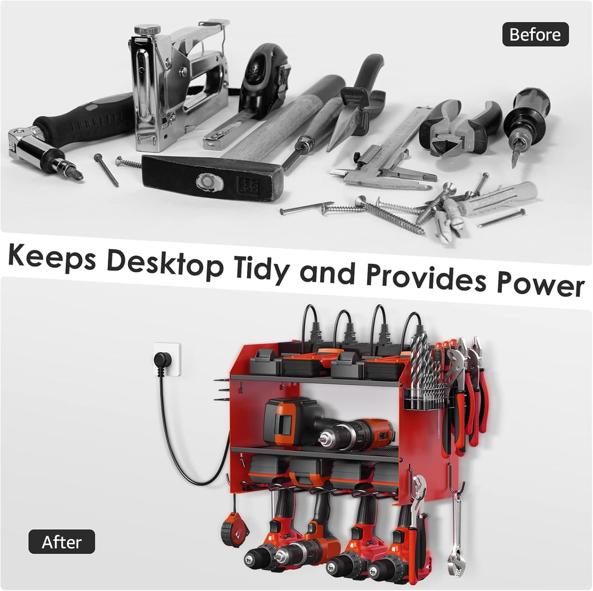 CCCEI Set Power Tool Organizer Wall Mount with Charging Station. Garage 8 Drills Storage Shelf with