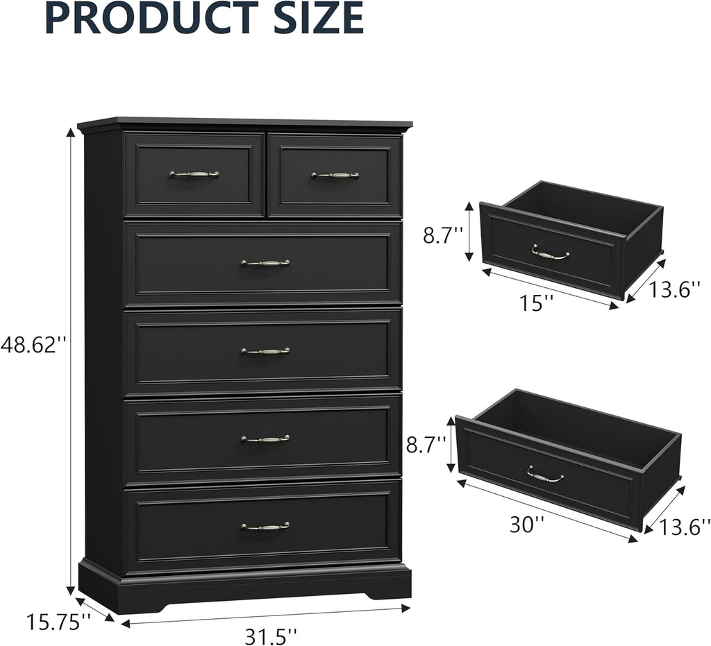 6 Drawer Dresser for Bedroom, 49" Tall Wooden Chest of Drawers, Rustic Farmhouse Dresser with Large