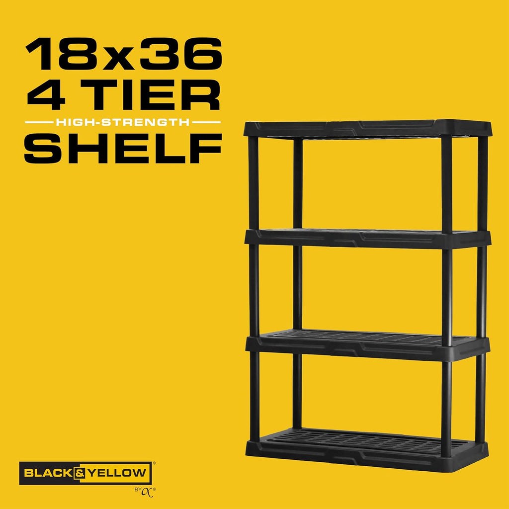 CX 4-Tier (53”H x 36”W x 18”D) Plastic Storage Shelving Unit (Black), Heavy Duty, 150lbs Per Shelf