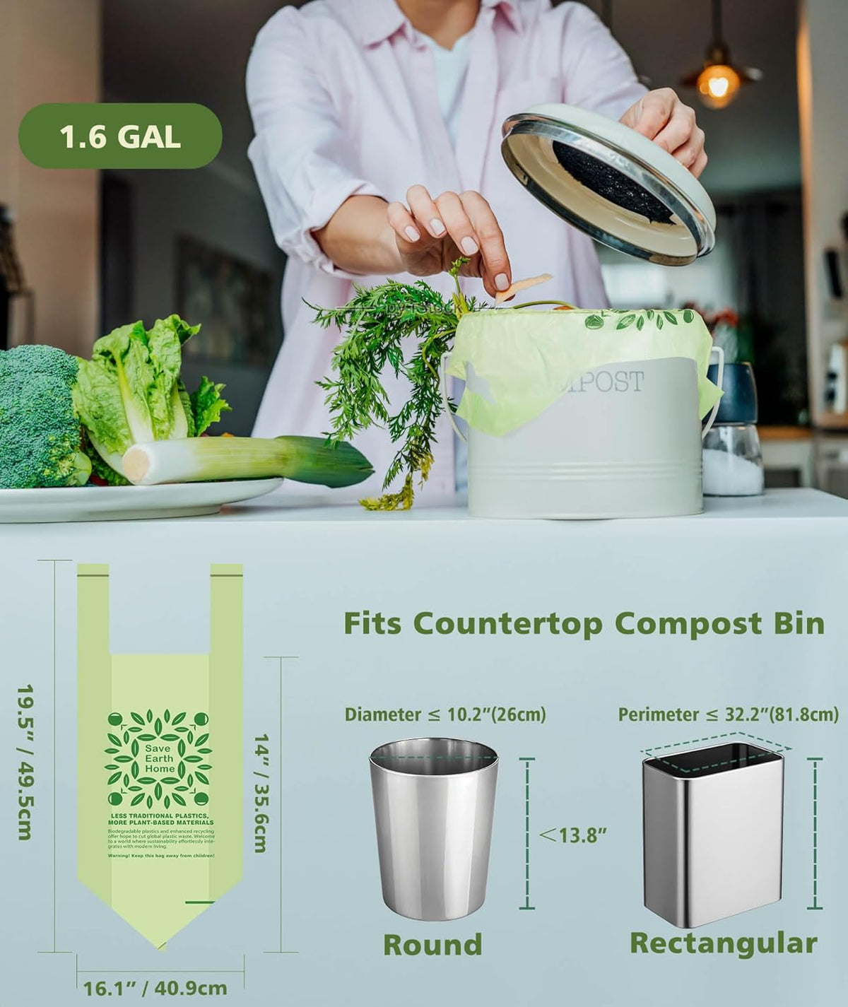 1.6 Gal Small Compost Bags for Countertop Bin with Handle Tie, AYOTEE Composting Bags for Kitchen