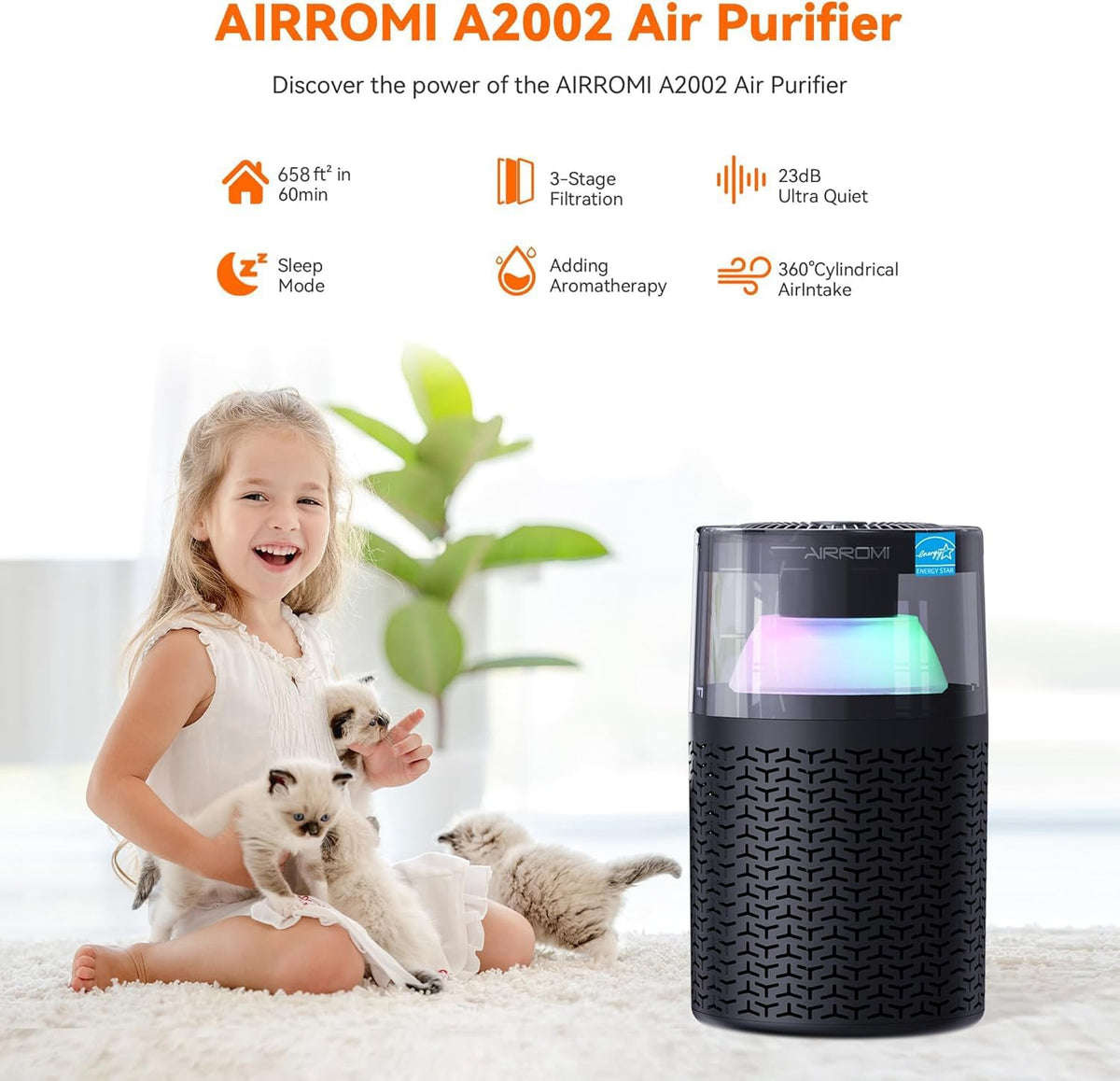 AIRROMI Air Purifiers for Bedroom Home,Up to 658 Ft²,Activated Carbon Filter Cleaner,With Fragrance