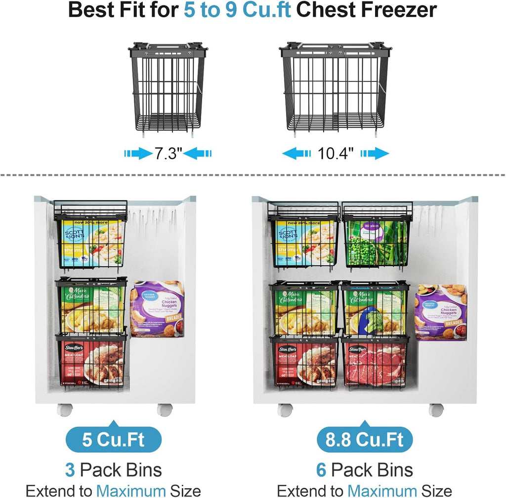 iSPECLE Freezer Organizer Bins - 2 Pcs Hanging Baskets for Deep Freezer, Adjustable Wider & Deeper