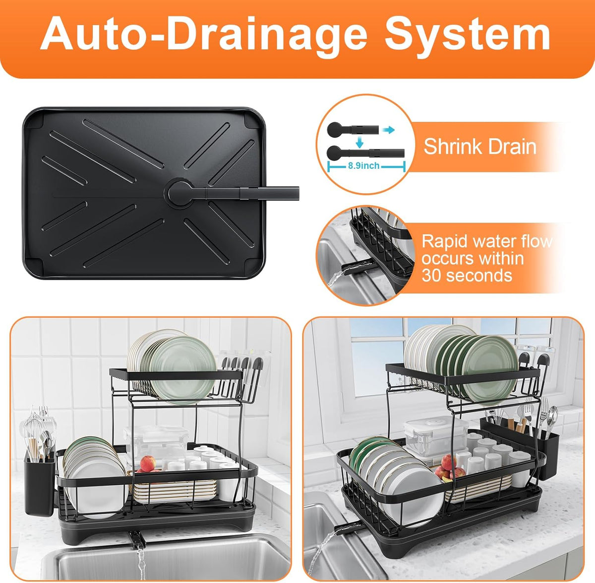 Dish Drying Rack Two-Tier Drying Rack with Utensil Holder, Auto-Draining Dish Rack for Kitchen