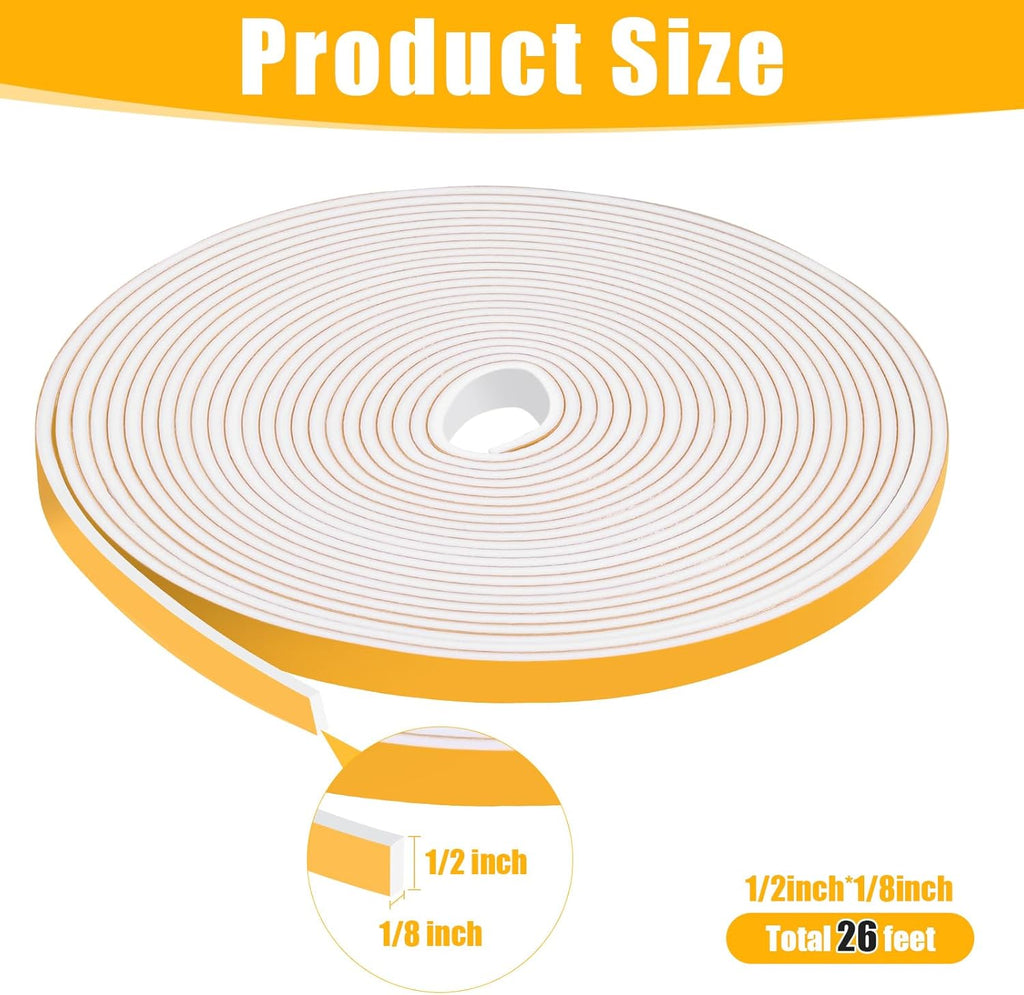 26Feet Weather Stripping Seal (1/2 Inch X 1/8 Inch) for Door Window, High Density Foam Tape