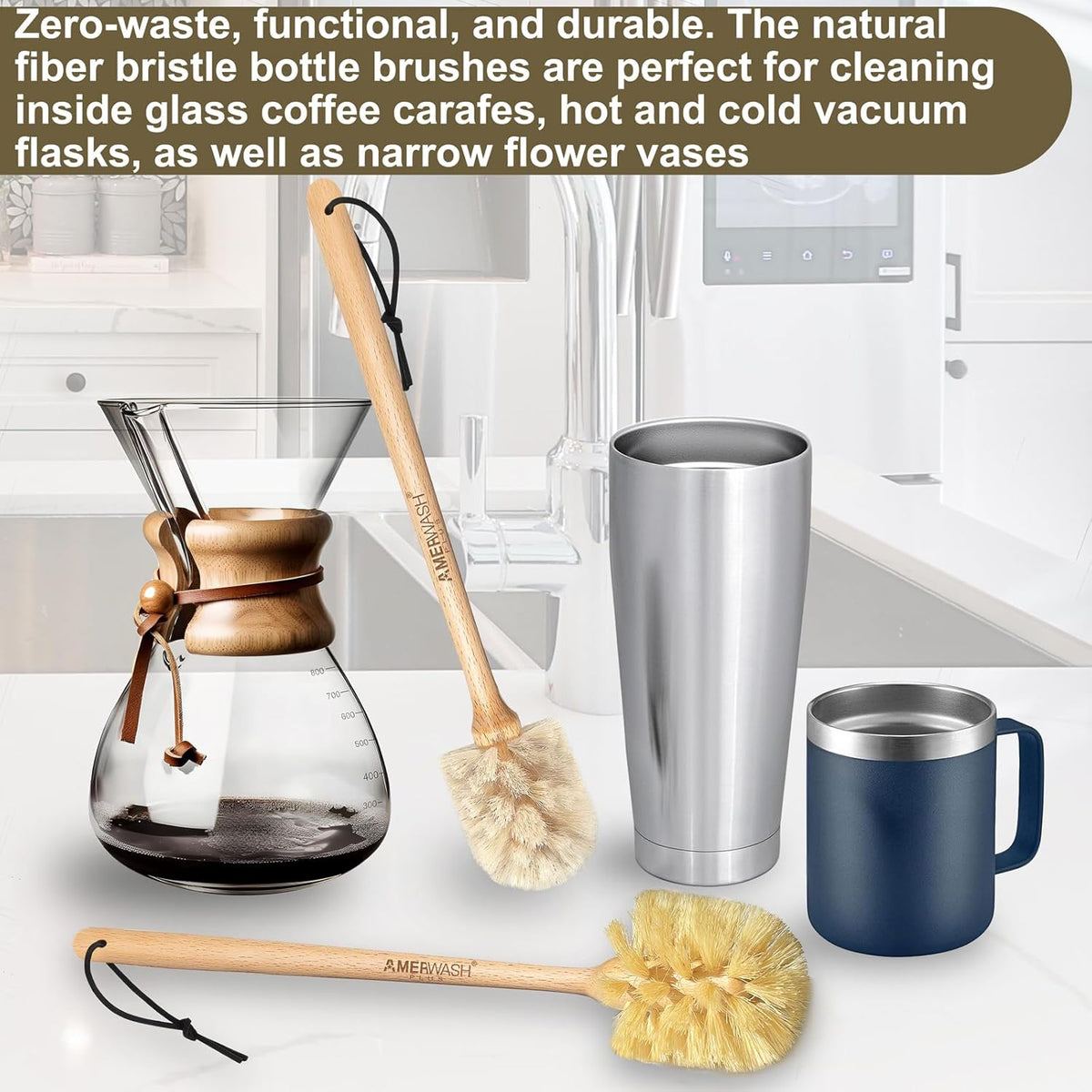 Bottle Brushes with Natural Bristles, 13-3/4 Inch Long Wood Handle Bottle Brush Cleans and Scrubs