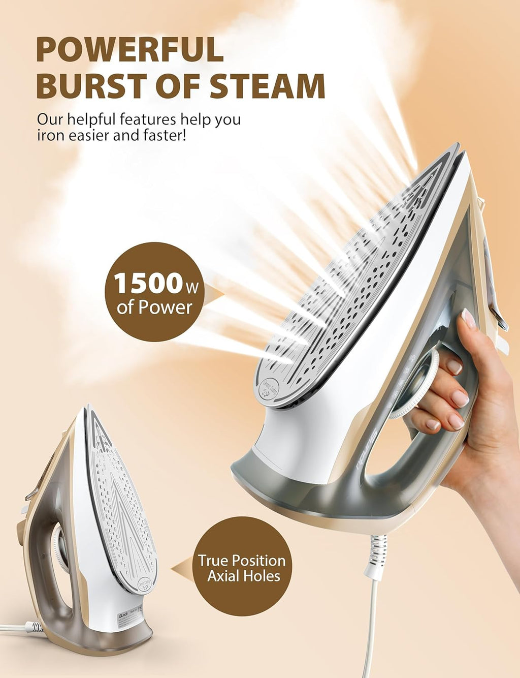 Steam Iron for Clothes Rapid Heating, 1500W Iron with Non-Stick Ceramic Soleplate, Auto-Off, Burst