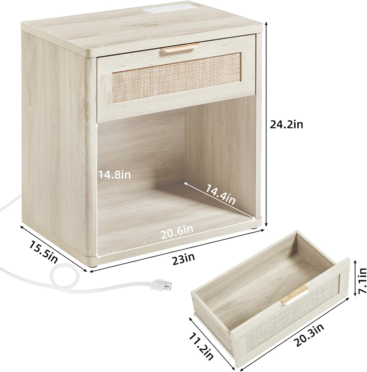 LEYAOYAO Rattan Nightstand with Charging Station, 23" Wide Boho Night Stand with Drawer, Grey White