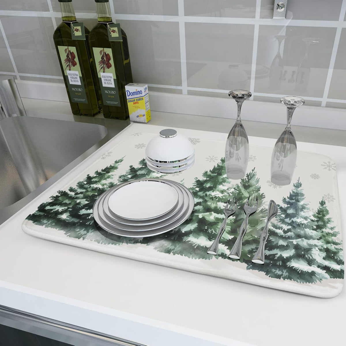 Christmas Dish Drying Mat 16x18 Inch Xmas Forest Tree Absorbent Dish Drainer Protector Pad Winter