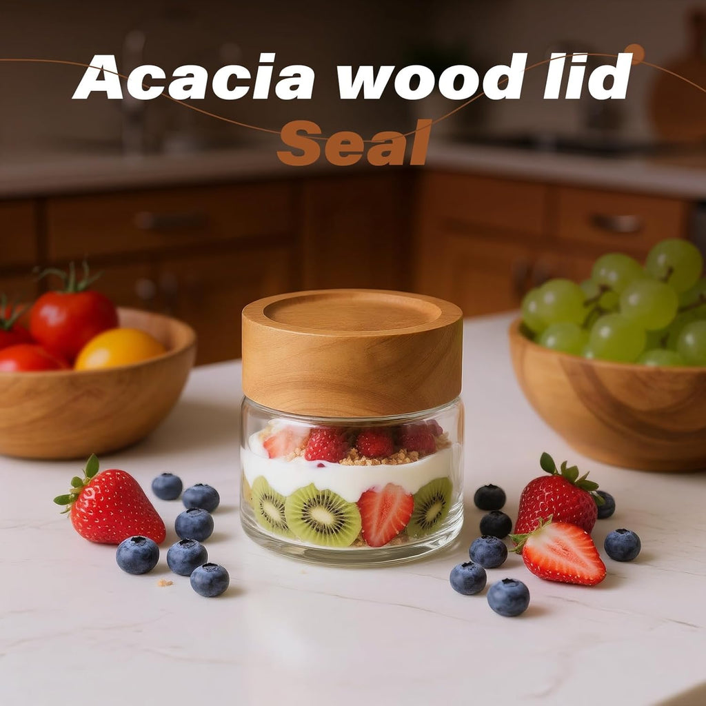 2-Pack 4 oz Leakproof Mason Jars with Airtight Acacia Wood Lids - Small Glass Food Storage