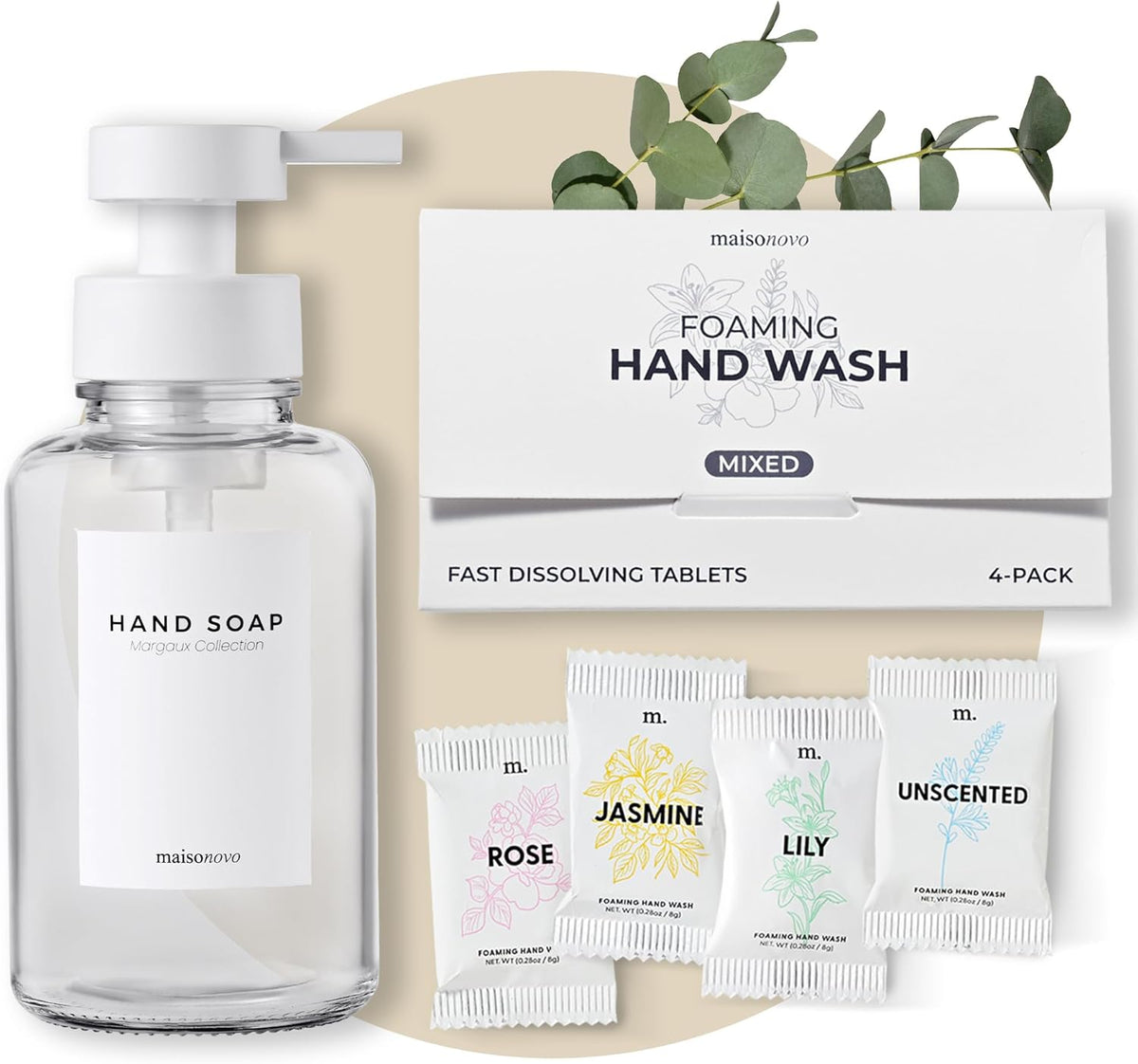 MaisoNovo 14 oz Clear Glass Foaming Soap Dispenser with White Pump + Mixed 4 Pack Foaming Hand Soap