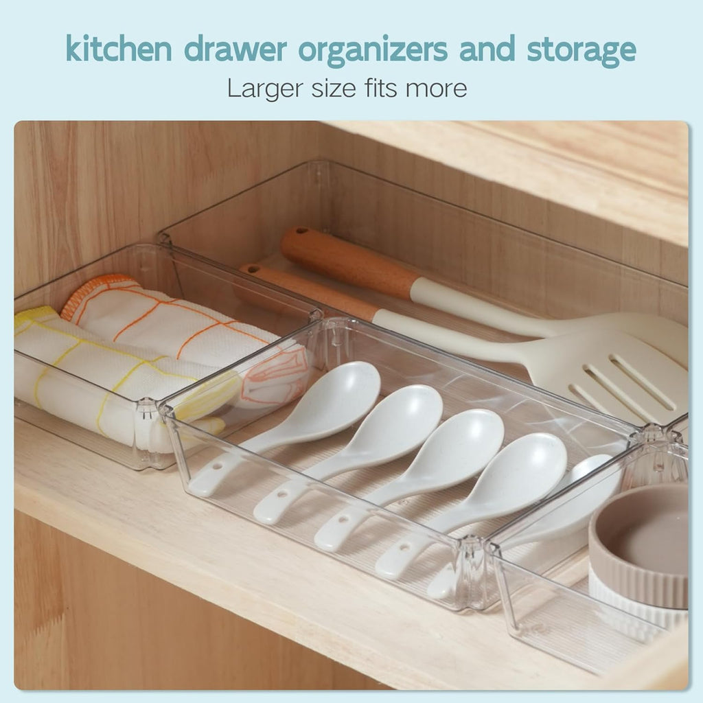 6 Pack Large Clear Plastic Drawer Organizer Trays, Desk Drawer Organizers and Storage Dividers
