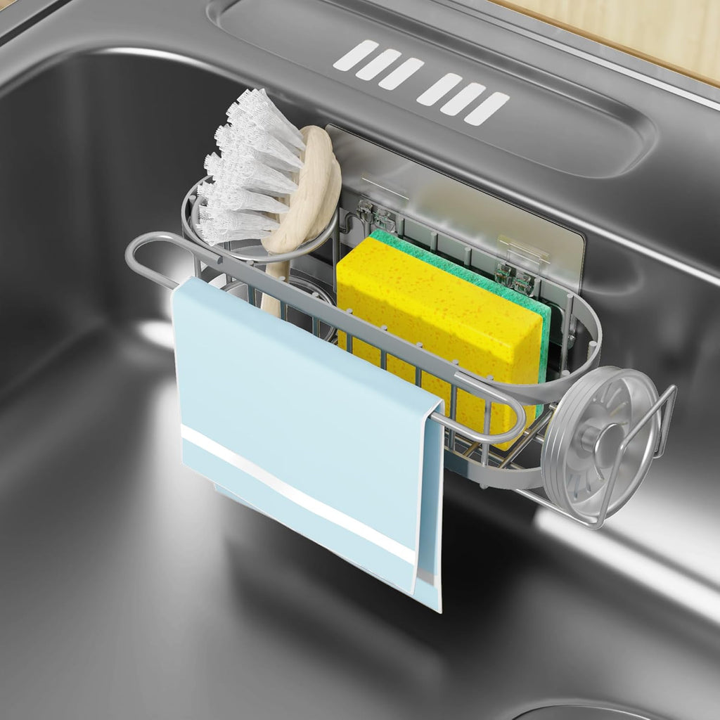 Cisily Grey Kitchen Sink Caddy Sponge Holder in the Sink, Stainless Steel Kitchen Organizer, Brush