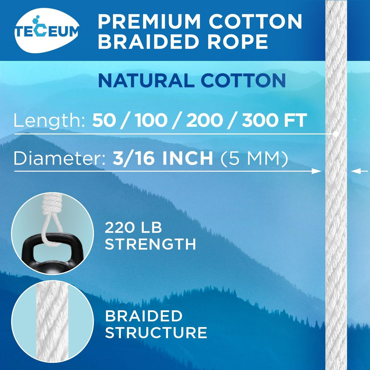 TECEUM Cotton Rope 3/16” (5 mm) – 100 FT – Strong All-Purpose Braided Rope – Natural Cotton – for