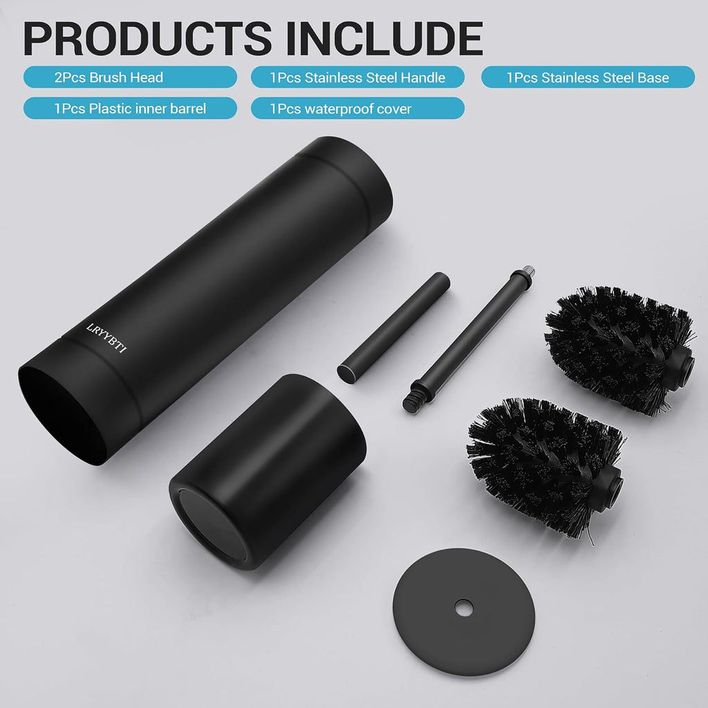 Stainless Steel Toilet Brush with Holder, 2 Black Bristle Heads