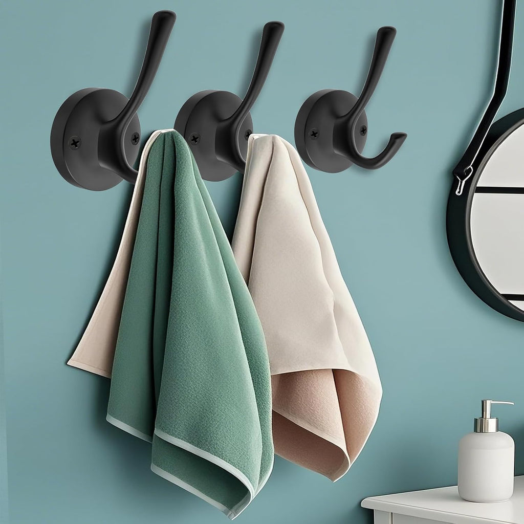 Black Towel Hooks for Wall, 5 Pack Coat Robe Hook Heavy Duty Metal Double Bath Hook Wall Mounted