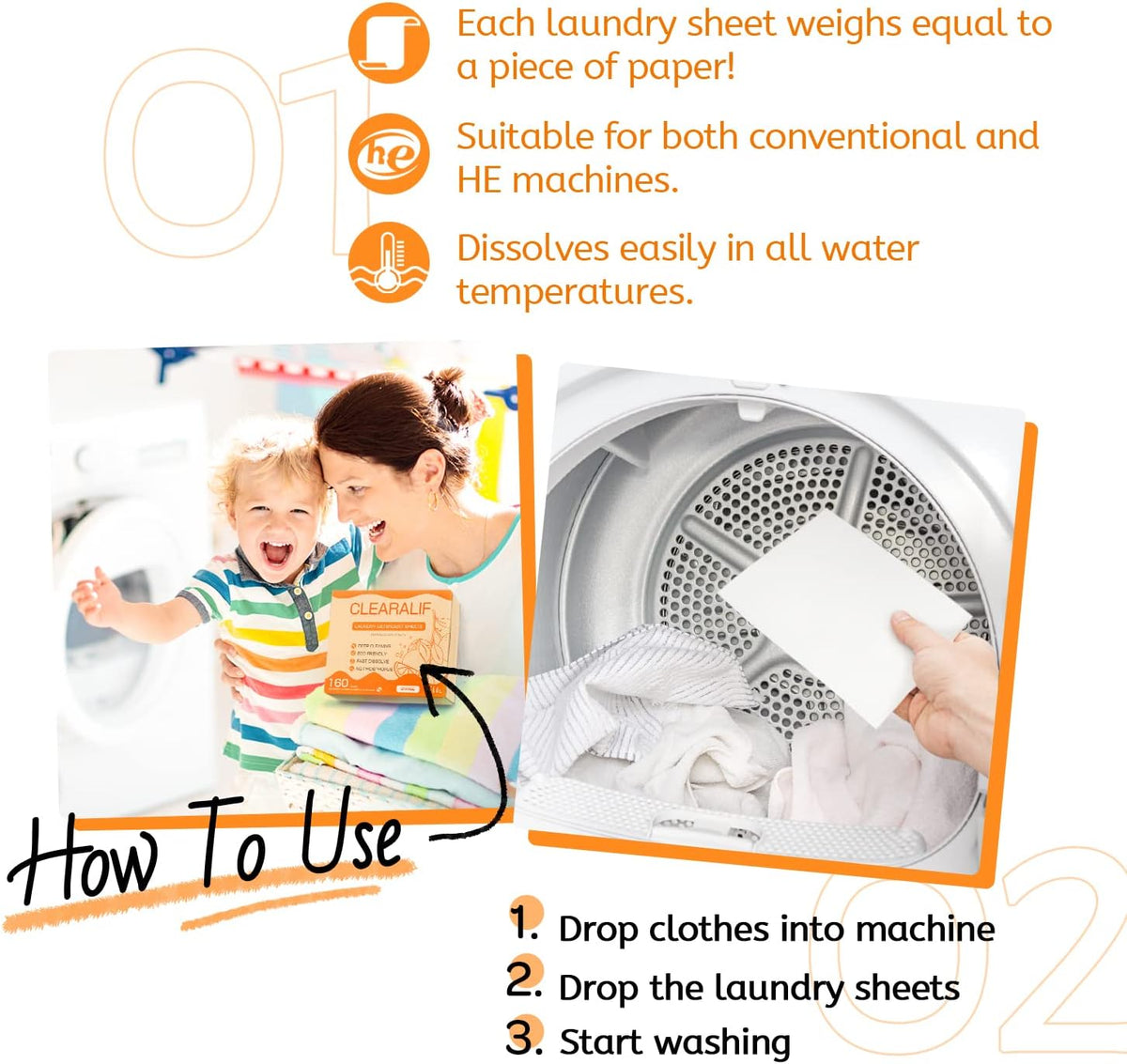 CLEARALIF Laundry Detergent Sheets (320 Loads), Orange,Great For Travel,Apartments, Dorms,CLEARALIF
