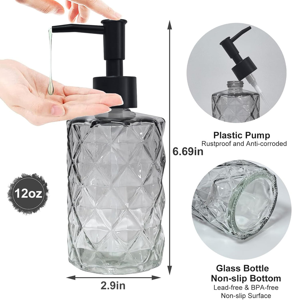 Crystal Glass Soap Dispenser, 12oz Gradient Grey Bathroom Hand Dispenser, Lotion Dispenser with