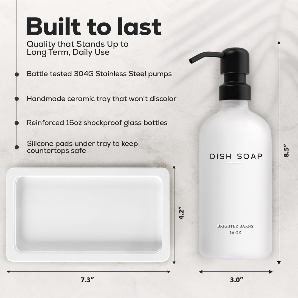 White Glass Hand and Dish Soap Dispenser Set by Brighter Barns - Kitchen Soap Dispenser Set with