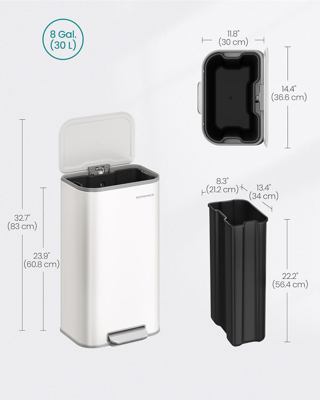 SONGMICS Kitchen Trash Can, 8-Gallon (30 L) Garbage Can with Lid, Stainless Steel, Soft Close and