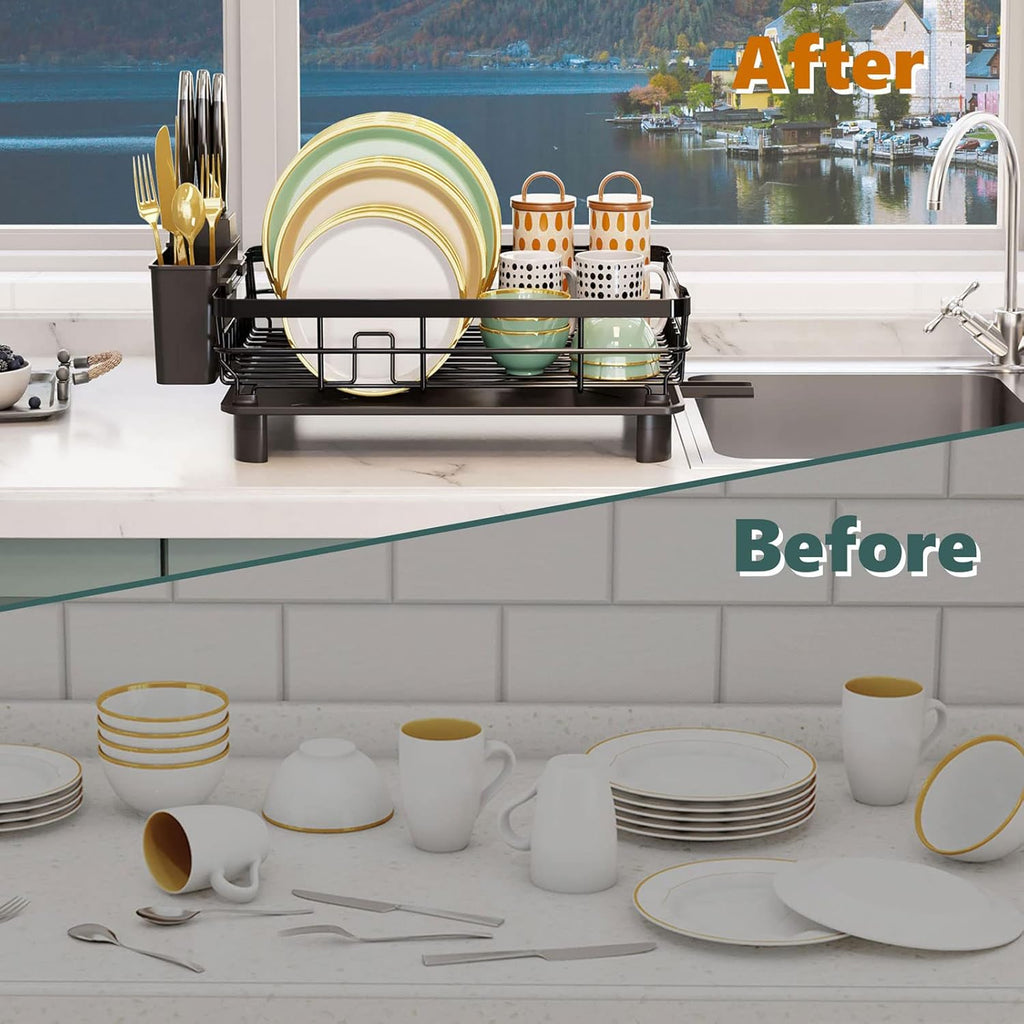 Iron Dish Drying Rack with Drainboard Dish Drainers for Kitchen Counter Extendable Spout Strainers