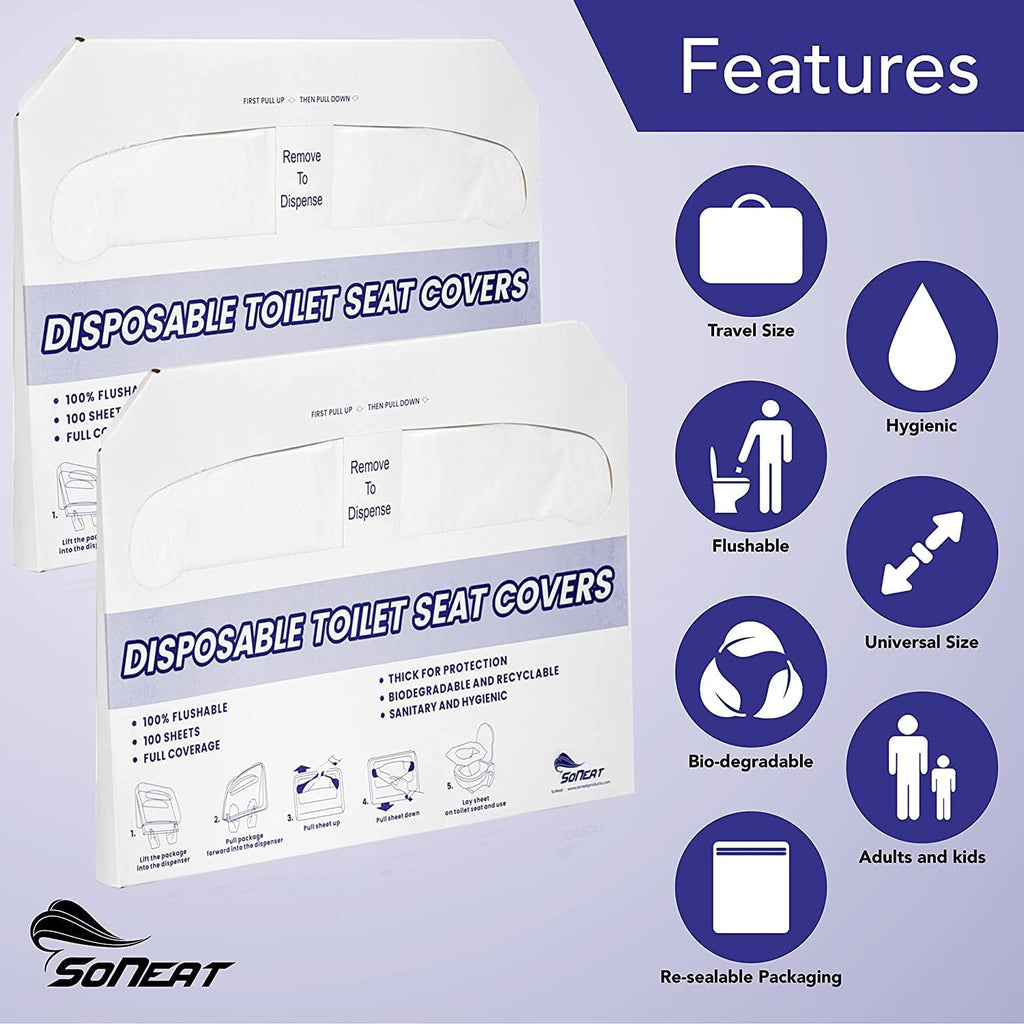 Disposable Toilet Seat Covers XL Half Fold Flushable – 200 Sheets 2 Pack for Public Facilities
