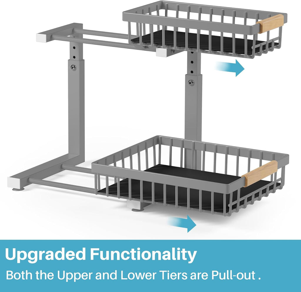 1 Packs 2 Tier Grey Under Sink Organizer,Under Sink Organizers and Storage, Slide Out Pull Out