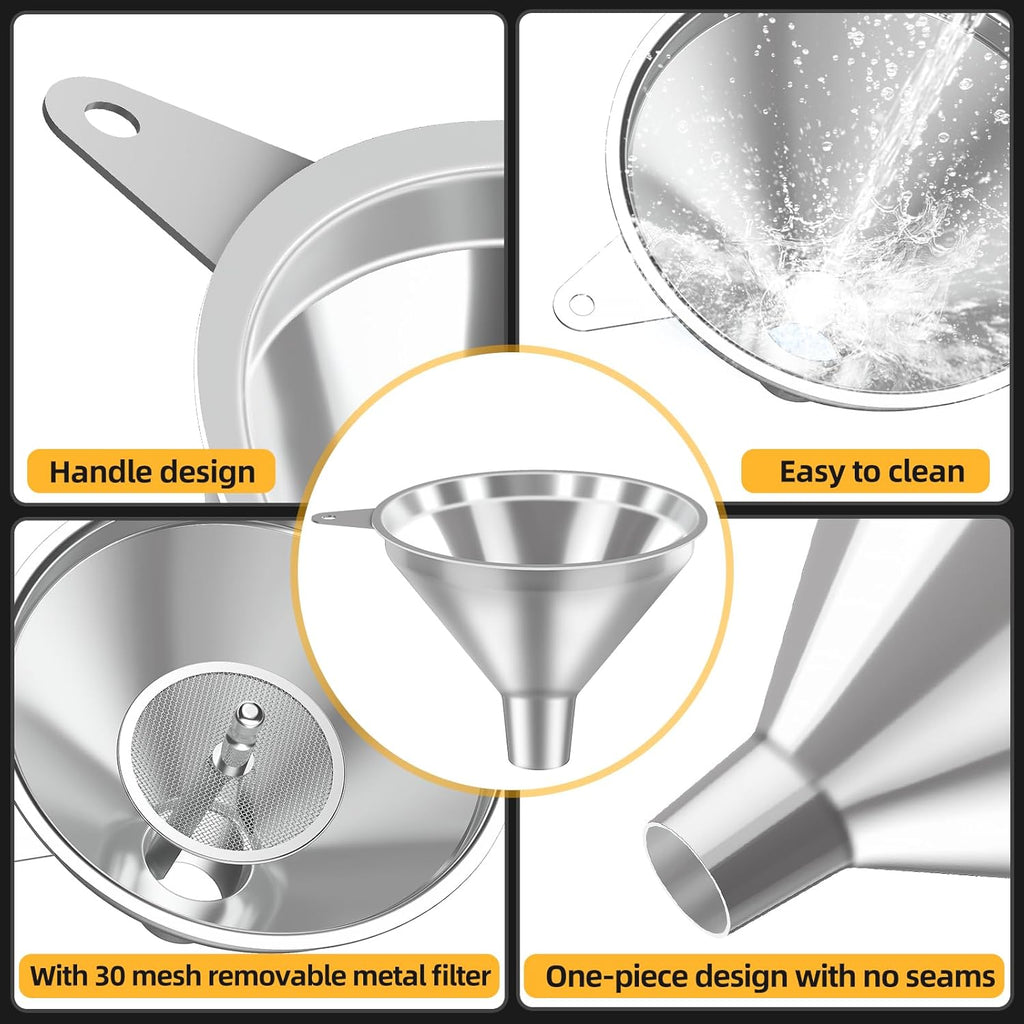 3 Pack Stainless Steel Kitchen Funnel Set,funnels for Kitchen use Filling Bottles, 2 Size Spouts