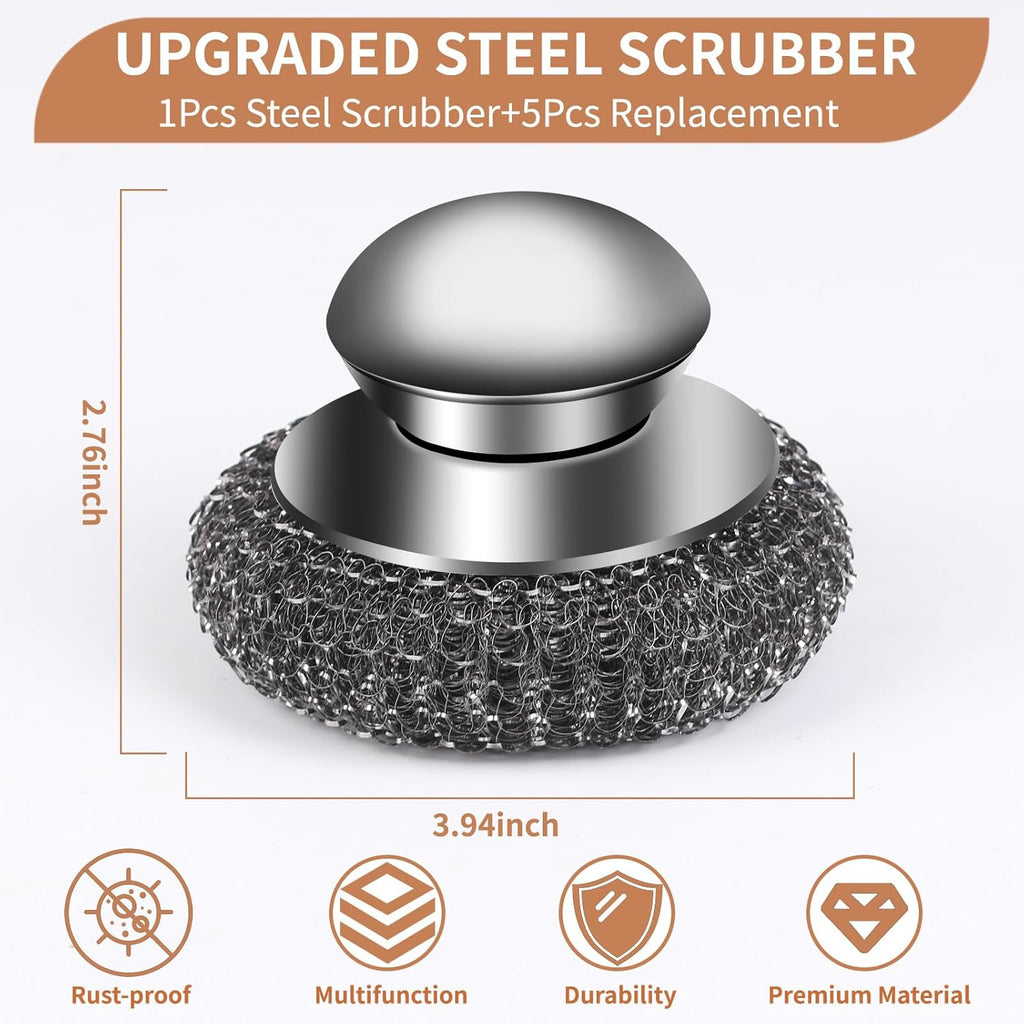 6Pcs Steel Wool Scrubber with Replacement Wire Pads Set, Stainless Steel Scrubber with Handle for