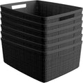 Curver Set of 6 Jute Medium Decorative Plastic Organization and Storage Baskets, Perfect Bins for