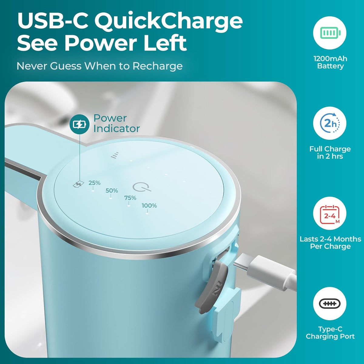 Seafoam Automatic Foaming Soap Dispenser - Touchless Hand Sensor, 4 Foam Settings, USB-C 1200mAh