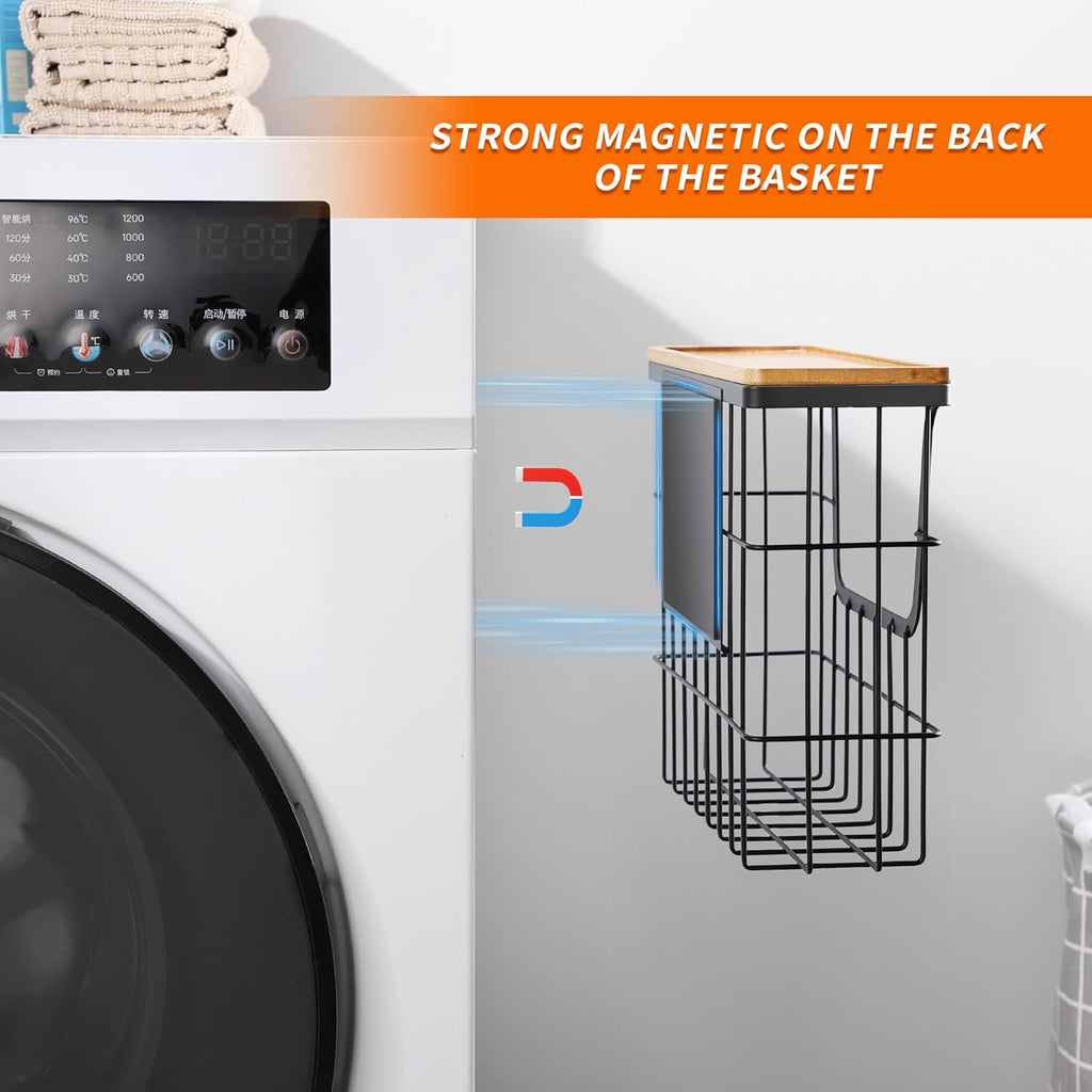 Magnetic Dryer Ball Holder - Black Basket for Laundry Room Organization and Storage with Bamboo Top