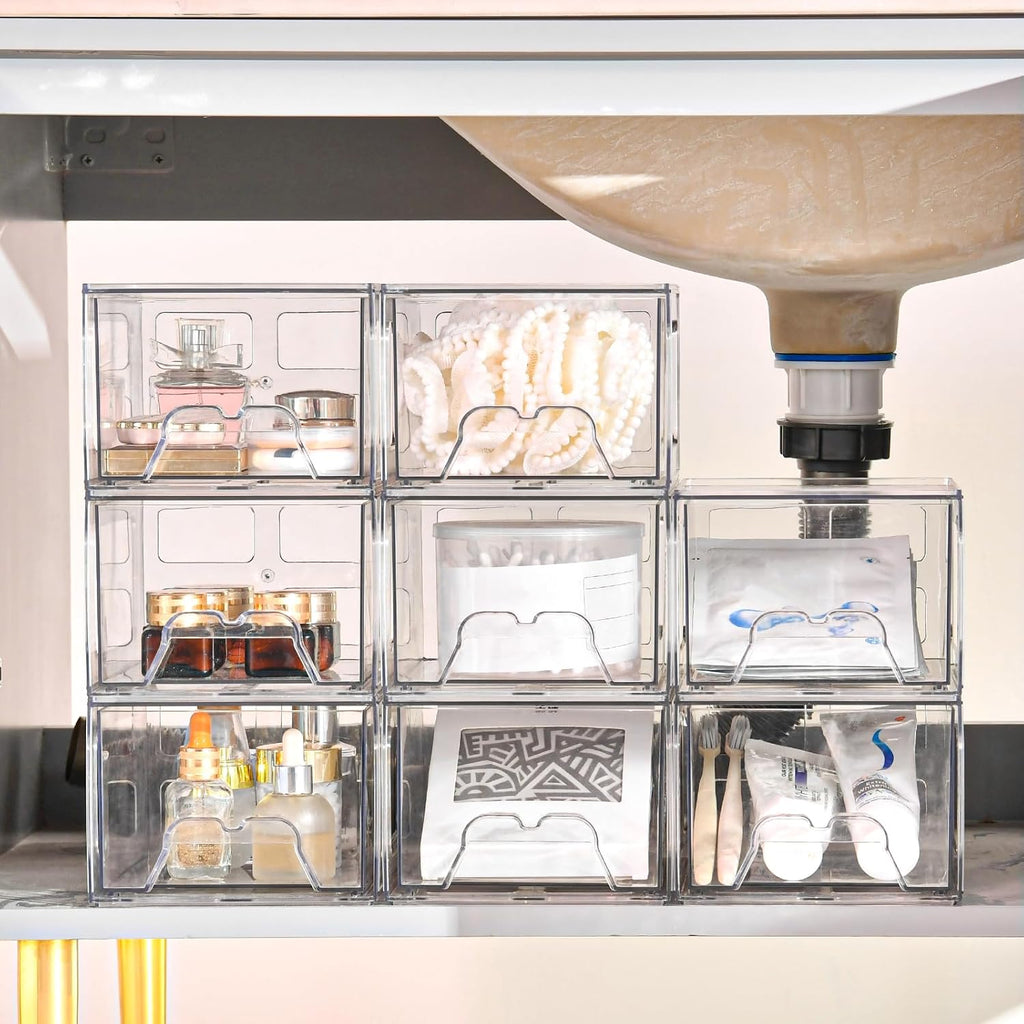 Plastic Drawers Storage, 4 Pack Clear Stackable Storage Drawers, Acrylic Storage Bins with Drawers