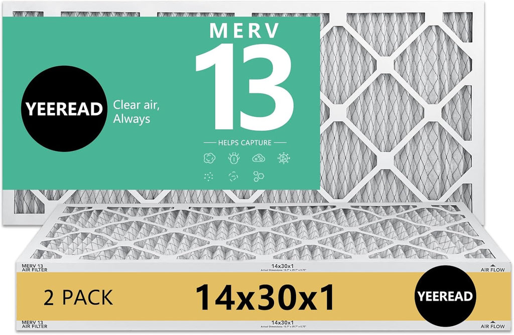 14x30x1 MERV 13 Air Filters, 2-Pack – Actual Size 13.7" x 29.7" x 0.75" – High-Efficiency Pleated