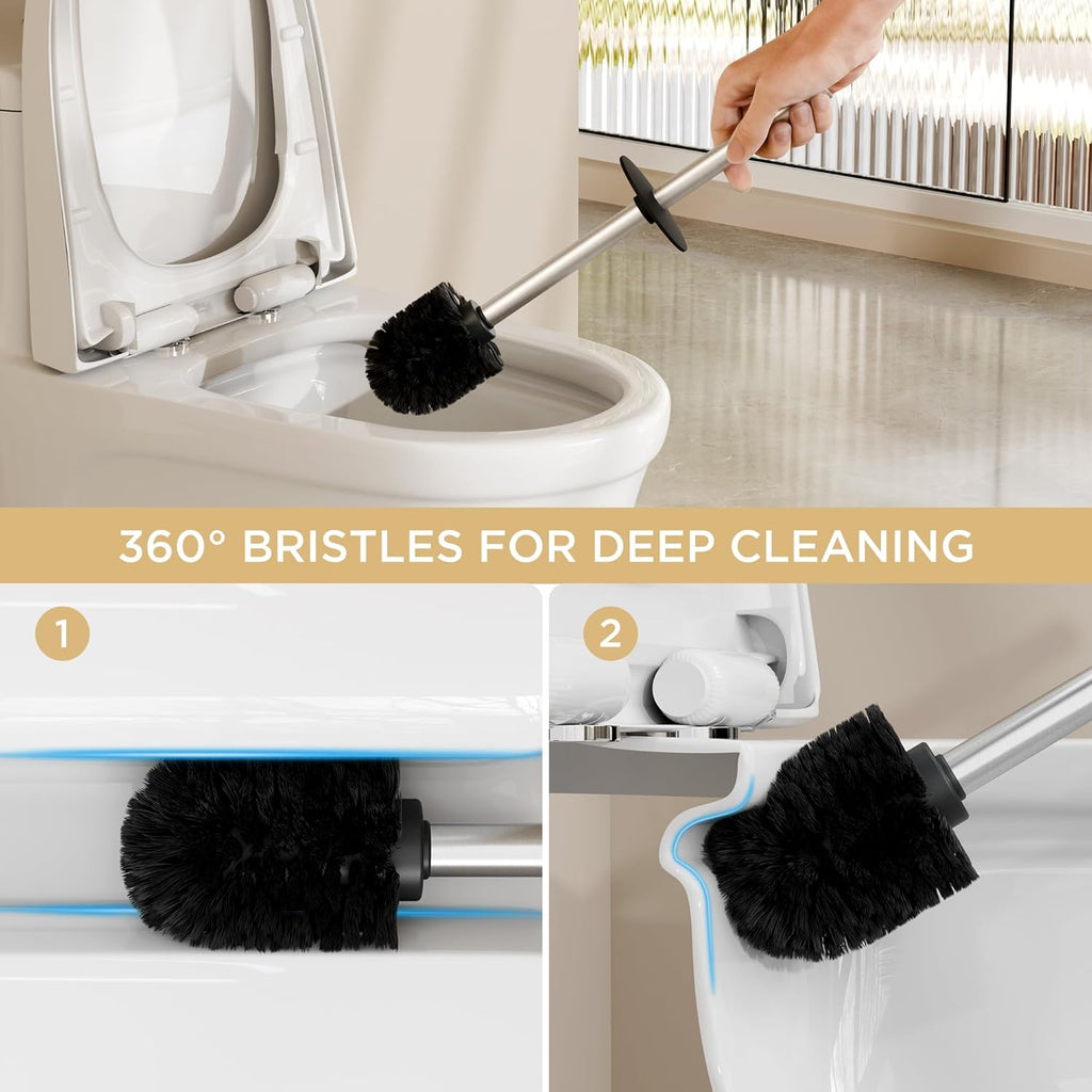 FORIOUS Toilet Brush and Holder Set Brushed Nickel, 304 Stainless Steel Long Handle and Heavy Duty