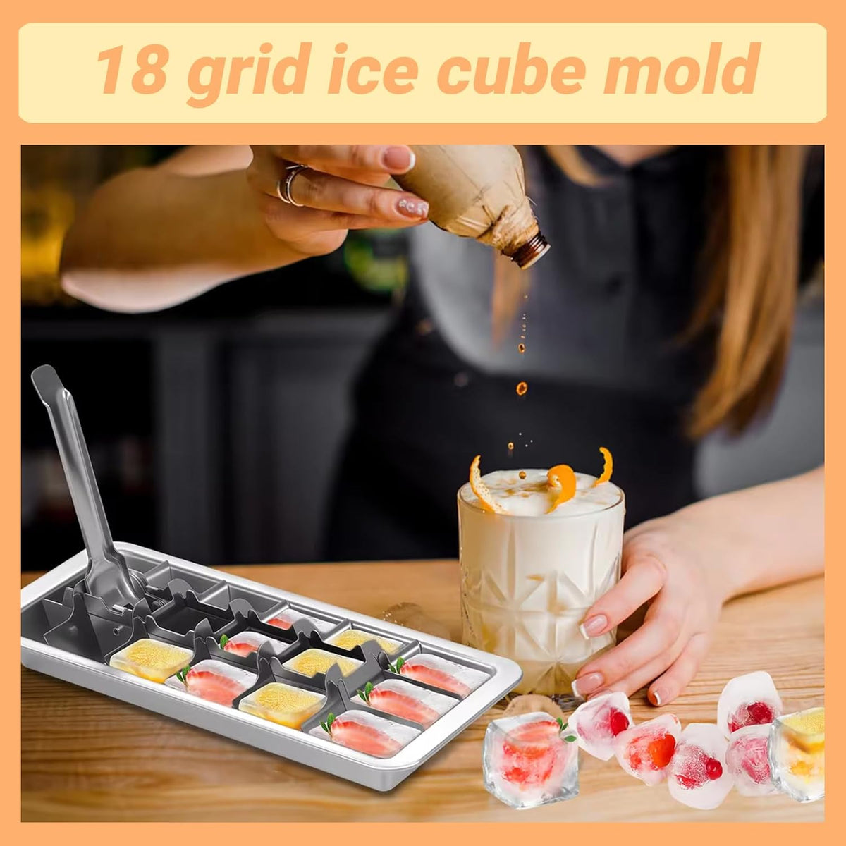 Professional Ice Cube Trays Stainless Steel - 18-Slot Heavy Duty Metal Icecube Mold, Non-Toxic