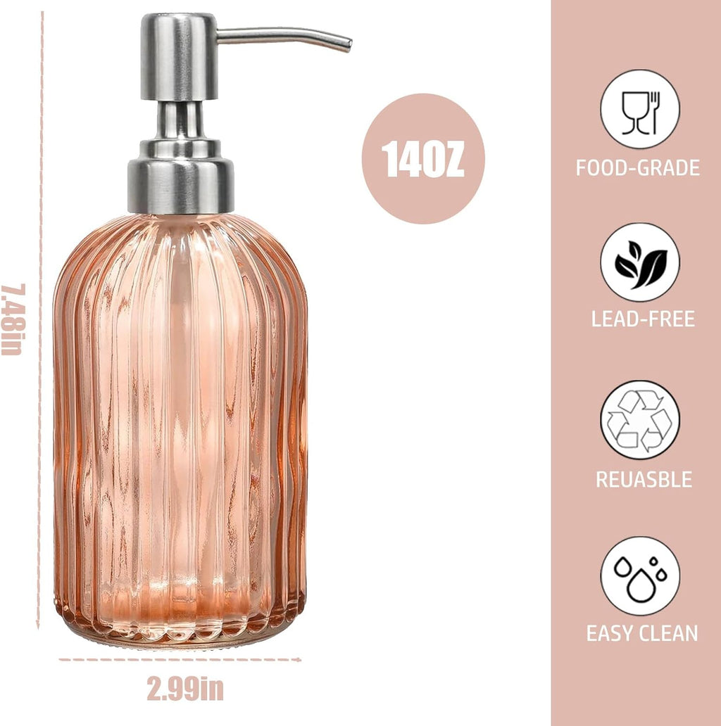 14Oz Amber Soap Dispenser Bathroom, Clear Glass Hand Soap Dispensers with Stainless Steel Pump