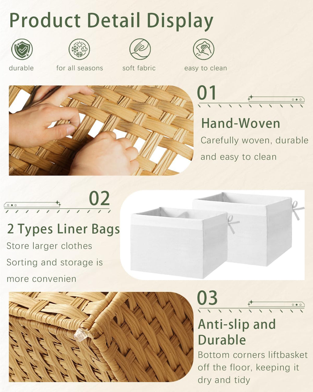 Storage Basket with Lid Rattan Woven Storage Baskets with 2 Separate Lids, 17.2 Gallon (65 L), 22 x