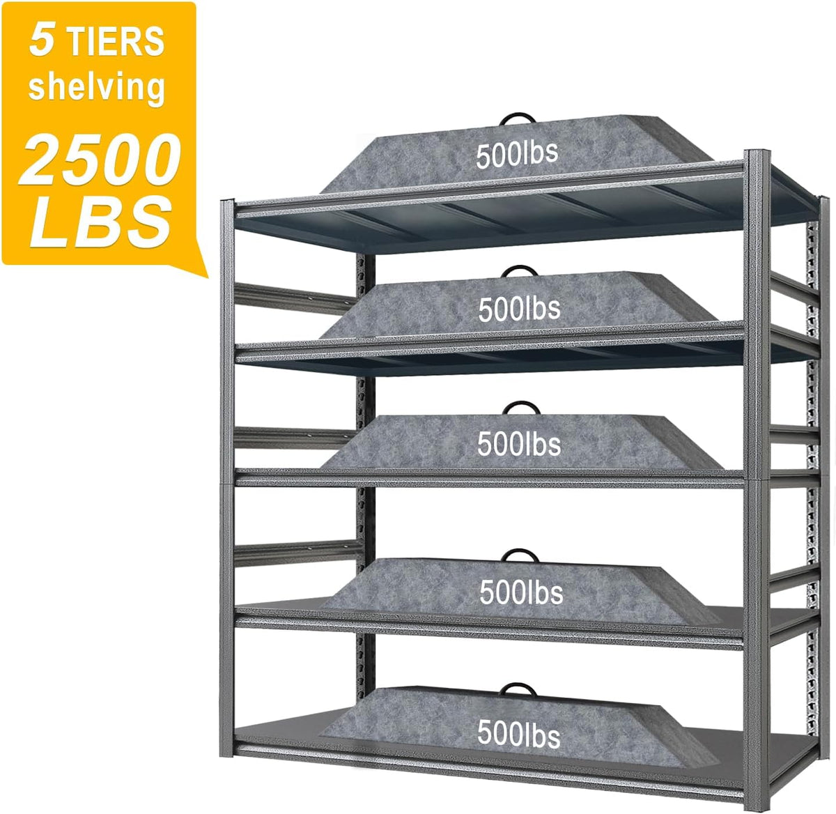 Storage Shelf 5-Tier Garage Shelving, Industrial Shelving with Guardrails, 2500LB Boltless Metal
