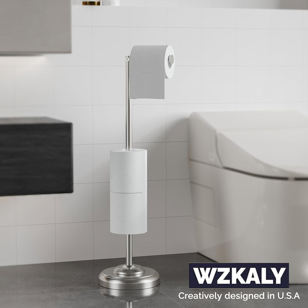 Toilet Paper Holder Stand with Storage – 4 Extra Rolls –Brushed Nickel Toilet Paper Holder for