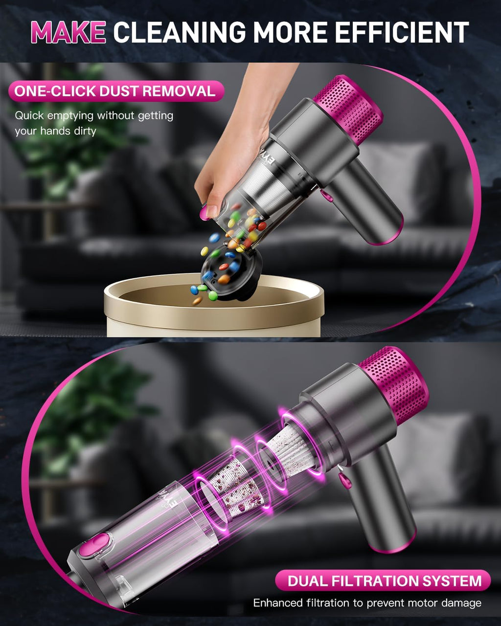 EYYA Handheld Cordless Car Vacuum Cleaner, 4-in-1 Portable Mini Car Vacuum Cleaner, 15000PA High