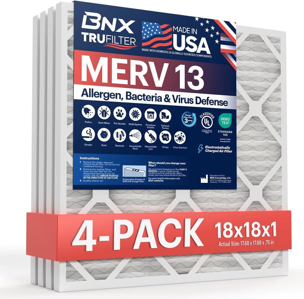 BNX TruFilter 18x18x1 Air Filter MERV 13 (4-Pack) - MADE IN USA - Electrostatic Pleated Air