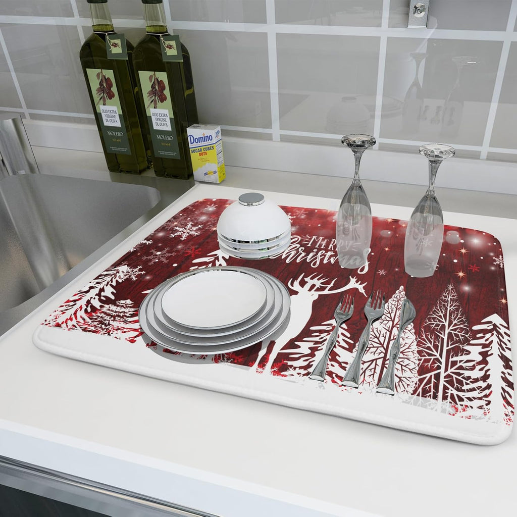 Christmas Dish Drying Mats for Kitchen Counter 16x18 Inch Merry Christmas Happy New Year Snowflake