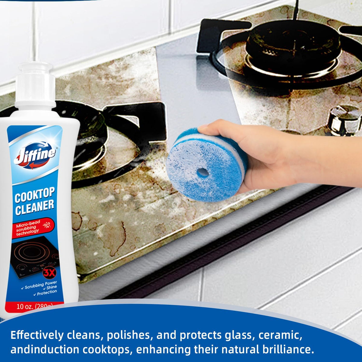 Glass Cooktop Cleaner Kit & Polish - 10 oz Stove Top Cleaner with Scrubbing Pad, Scraper &