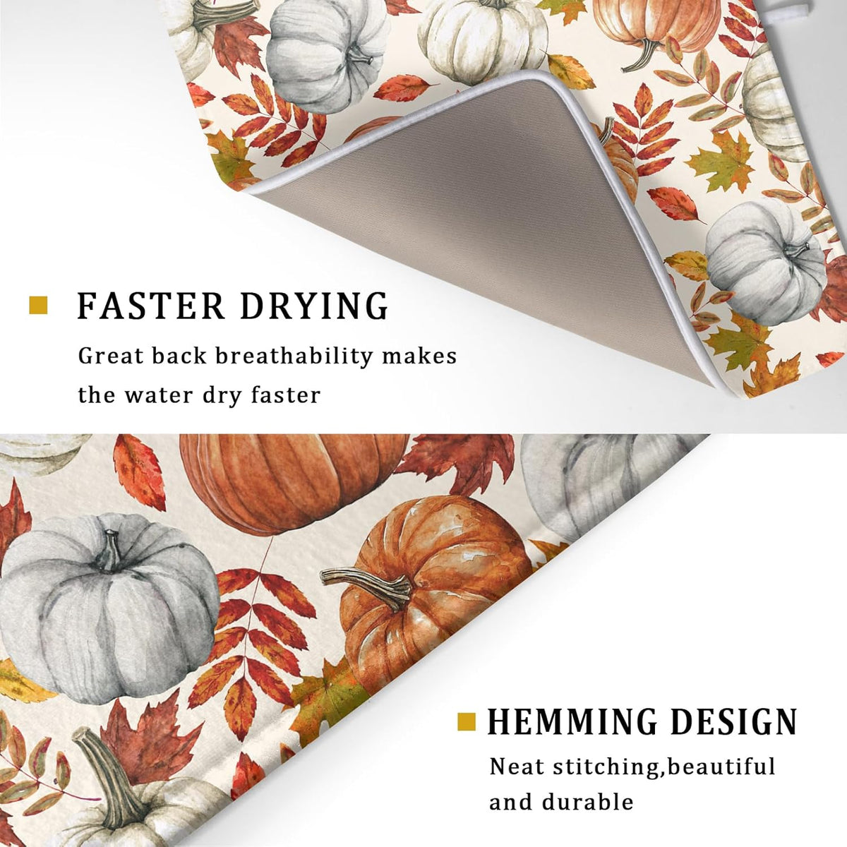 Fall Dish Drying Mat for Kitchen Counter 16x18 Inch Autumn Pumpkins Maple Leaves Drying Mats