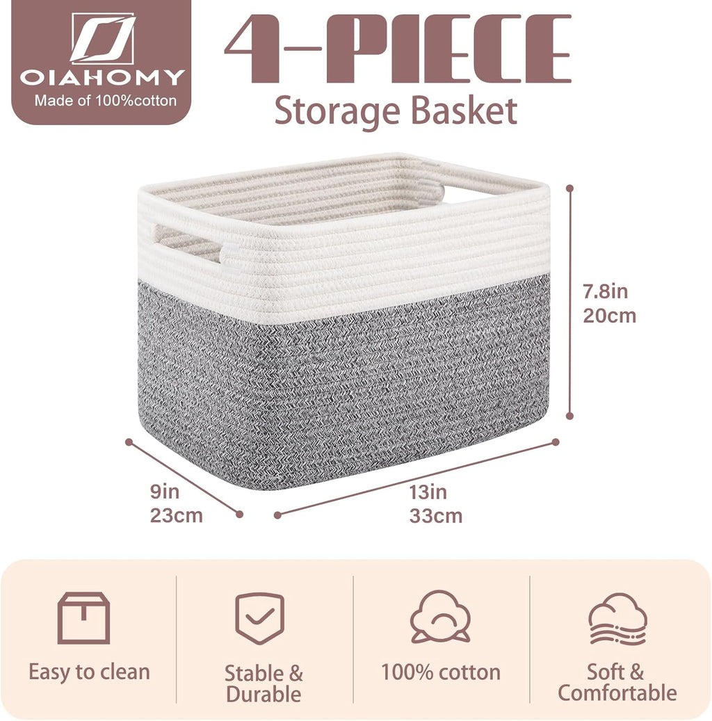 OIAHOMY 4 Pack Storage Baskets for Organizing, Basket for Shelves with Handle, Woven Baskets for