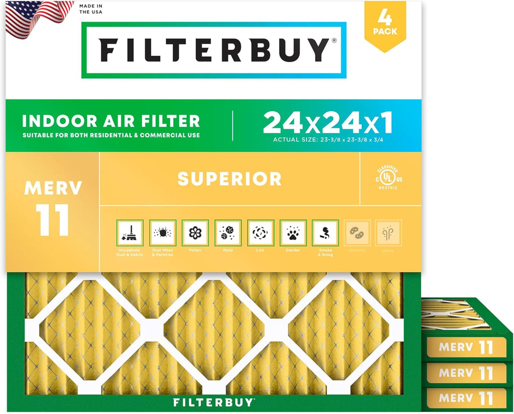 Filterbuy 24x24x1 Air Filter MERV 11 (MPR 1200) Allergen Defense Replacement (4-Pack)