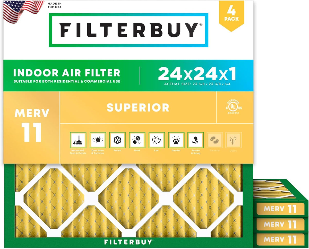 Filterbuy 24x24x1 Air Filter MERV 11 (MPR 1200) Allergen Defense Replacement (4-Pack)