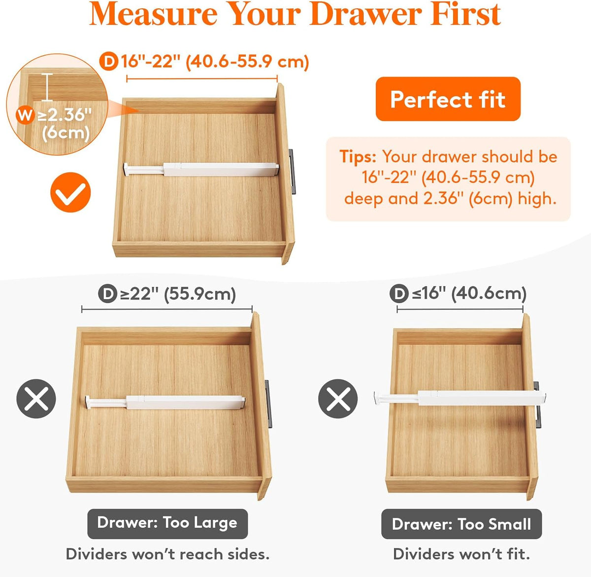 Lifewit 10 Pack Kitchen Drawer Dividers 2.36" High, 16"-22" Adjustable Drawer Organizer for
