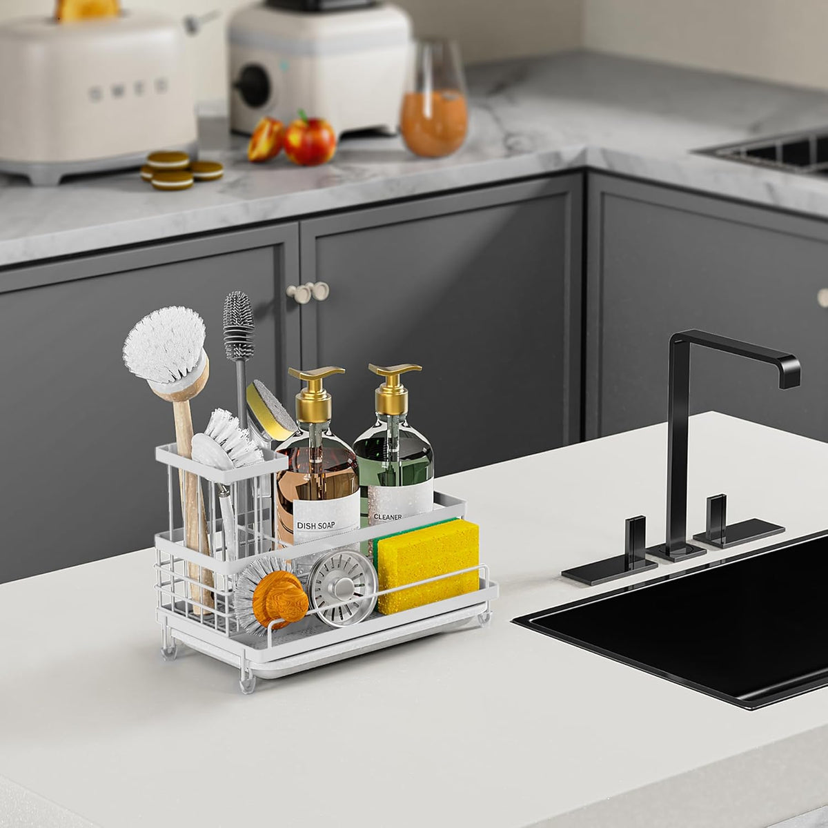 Cisily Kitchen Sink Caddy Organizer, Sponge Holder, Detergent Brush Holder, Plug Storage, White